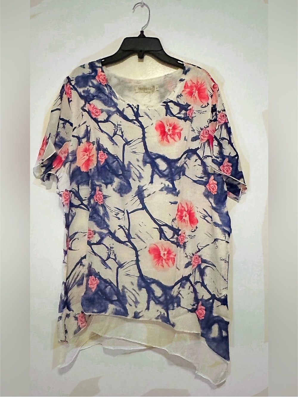 Floral Print Short Sleeve Women's Top - Pink & Blue